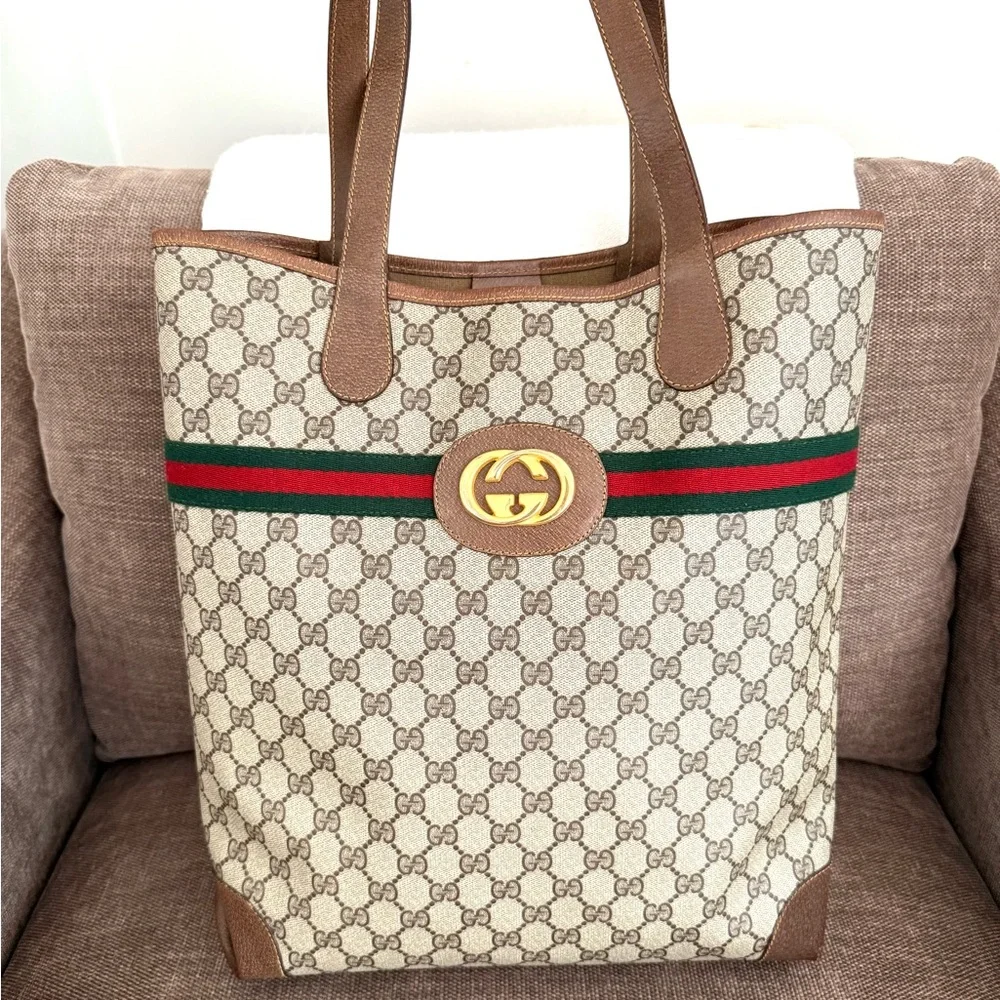 Authentic Gucci brown monogram coated canvas large tote bag leather trims - Picture 3 of 16